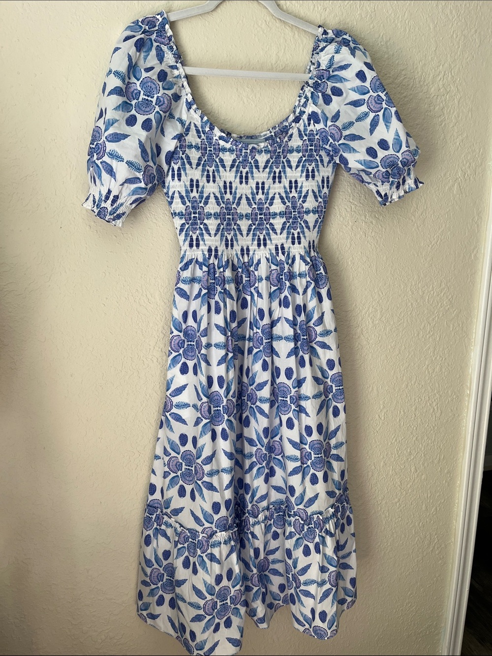 Blue Floral Smocked Midi Dress with Puff Sleeves